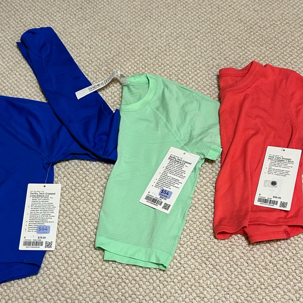 lululemon Crops Tops NWT  Blue, Green, Red size 6